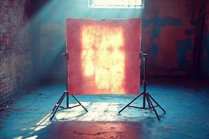 A large red sheet of paper is on a tripod photo