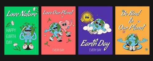 Happy Earth Day templates of posters, greeting cards or flyers in funky retro groovy style. Cartoon Y2K illustrations with planet Earth characters and typography. vector