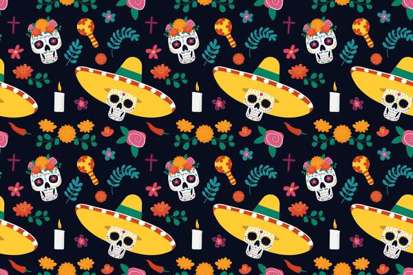 Dia de los Muertos seamless pattern with colorful skulls, roses, marigolds, maracas, sombrero, candles, cross, bones, festive banners. illustration for poster, banner, cover and social media.