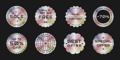 A collection of stylish holographic stickers with various discount offers. Labels and tags with colourful gradients and futuristic typography for online retail, e-commerce and advertising. vector
