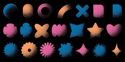 Set of colorful retro abstract dotted shapes. Trendy y2k elements with vintage stipple effect. White noise grainy texture. Geometric forms with fading gradient. illustration in pixel art style. vector