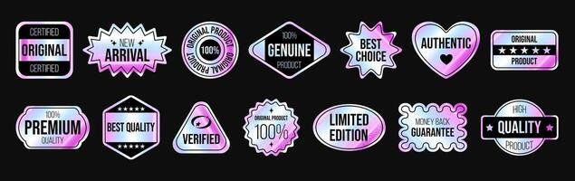 set of stylish holographic labels. Rainbow stickers, tags of various shapes for e-commerce, packaging design, and advertisement. Perfect for highlighting authenticity, quality, and exclusivity. vector