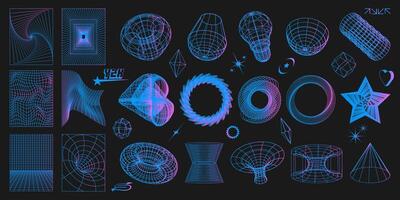 Abstract y2k geometric colorful neon shapes and 3d wireframe models on black background. Set of rave psychedelic retro futuristic elements from 90s, 00s. illustration in cyberpunk techno style. vector