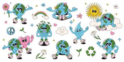 Set of retro groovy Earth planet, sun, water drop and heart characters. funny 60s, 70s vintage Earth Day stickers, stamps, patches or mascots on. World Environment Day concept. Y2K aesthetics. vector