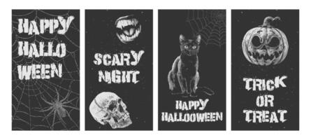 Happy Halloween set of vertical posters with photocopy halftone elements in Y2K style. Pumpkin, skull, spider on the web, cat, vampire mouth with grain effect. dots templates for social media. vector