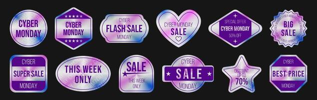 set of Cyber Monday stylish holographic labels. Rainbow stickers, tags of various shapes for online sale, e-commerce, and advertisement. vector