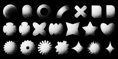Set of retro abstract dotted shapes. Trendy y2k elements with vintage stipple effect. White noise grainy texture. Geometric forms with fading gradient. illustration in pixel art style. vector