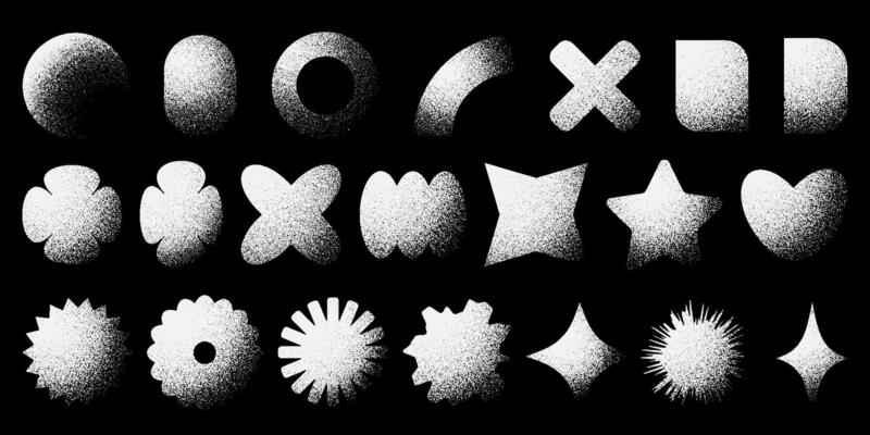 Set of retro abstract dotted shapes. Trendy y2k elements with vintage stipple effect. White noise grainy texture. Geometric forms with fading gradient. illustration in pixel art style.