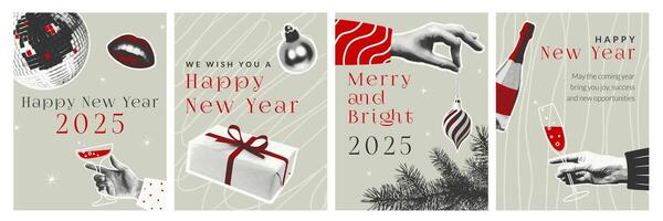 Retro Christmas card set with halftone elements. Holiday illustrations in red, black, gray color scheme with vintage vibes, perfect for greeting cards, festive decor and social media. vector