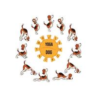 This playful illustration features a beagle performing various yoga poses in a circular arrangement around a central Yoga Dog clock like symbol vector