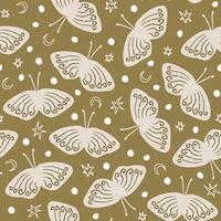 Night butterflies with stars, moon crescents and dots seamless pattern. Boho, cartoon, hand drawn moths pattern for paper, fabric design. vector