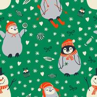 Cute penguins, snowman, candies, snowflakes seamless pattern. Fun Christmas repeat pattern for paper, textile design. vector