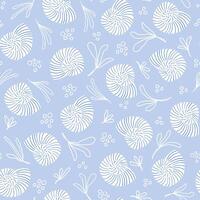 Sea shells pattern in blue and white colors. Summer, beach, coastal vibes repeat pattern. Sea life background. Ocean fashion monochrome. vector