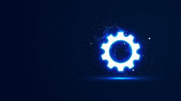 A futuristic glowing gear setting with plexus lines and glitter particles. Setup and maintenance illustration concept in the neon light style. Digital technology illustration vector