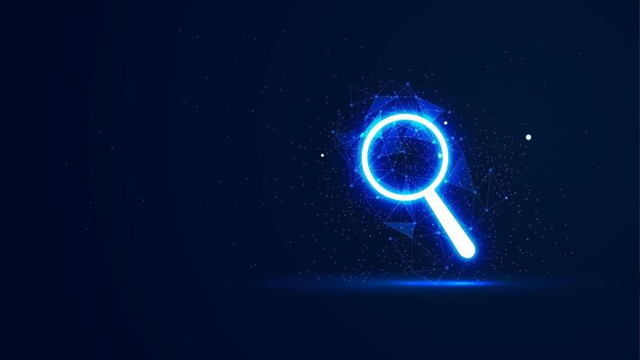 A futuristic glowing magnifying glass with plexus lines and glitter particles. Illustration concept of browsing and looking for ideas in the neon light style. Digital technology illustration