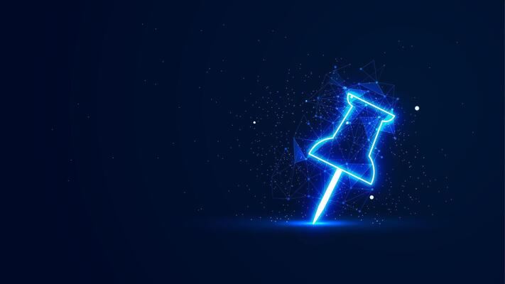 Futuristic glowing push pin with plexus lines and glitter particles. A location pointer in the neon light style. 3D abstract low poly in the dark background. Digital technology illustration
