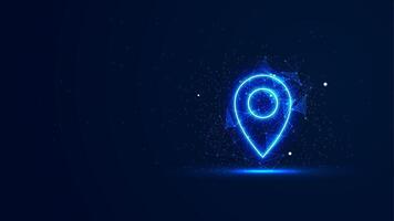 Futuristic glowing map pin with plexus lines and glitter particles. A location pointer in the neon light style. 3D abstract low poly in the dark background. Digital technology illustration vector