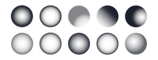 Set of retro halftone grunge spheres. Monochrome dot circles. Gradient abstract texture shapes. Logo with grain noise effect illustration vector