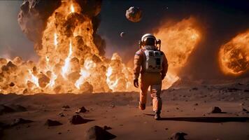 A lone astronaut witnesses a devastating explosion on a distant planet, highlighting the dangers of space exploration. video