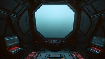 The interior of an empty spaceship, with a large window showcasing a stunning view of a blue planet surrounded by swirling clouds, inviting viewers to imagine the possibilities of space video