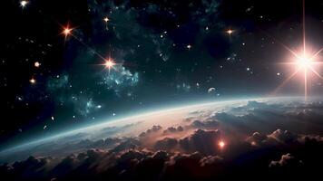 Planet Earth shimmers beneath a canopy of stars and swirling clouds in this breathtaking image of space exploration. video