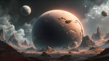 Cosmic Ruins, discover a barren world where a fractured planet hangs in the sky above a rugged landscape, hinting at a cataclysmic past. video