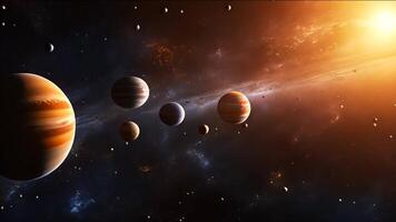A stunning visual voyage through solar system, showcasing vibrant gas giants like Jupiter and Saturn amidst a backdrop of stars and nebulae. video