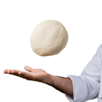 Chef's hand tossing dough into the air, showcasing skill and precision in baking, on a transparent background. Focus on handmade dough preparation in a culinary setting. png