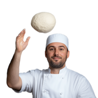 Smiling chef in white uniform tossing dough with skillful hands on a transparent background, creating a classic pizza dough tossing scene with Italian culinary charm and expertise png
