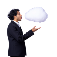 Businessman blowing a cloud into his hand on a transparent background, symbolizing innovation and creative thinking in a business setting. The image portrays ideas and imagination in professional environments. png