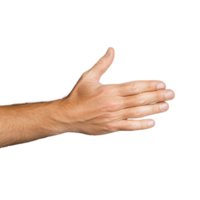 Close-up of a hand reaching out for a possible handshake gesture on a transparent background, suggesting greetings, agreement, cooperation, or introduction in a business or personal setting. png