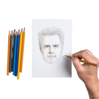 Artist sketching a realistic portrait with colored pencils on paper with a transparent background png