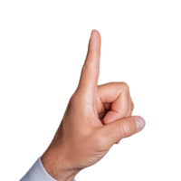 Close-up of a man's hand making a gesture with an upward pointing index finger on a transparent background representing action and emphasis png