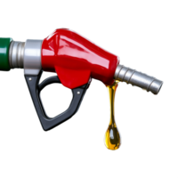Fuel nozzle dripping with petrol on a transparent background, representing gasoline consumption and energy use png