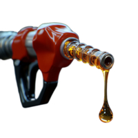 Close-up of a red fuel nozzle releasing a drop of gasoline against a transparent background, highlighting energy and fuel concepts. png