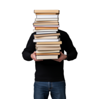 Man holding large stack of books, obscuring face against transparent background, concept of education, knowledge and academic overload png