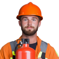 Confident construction worker in safety gear holding a red fire extinguisher, portraying readiness and safety on a transparent background, emphasizing safety measures in a construction environment. png