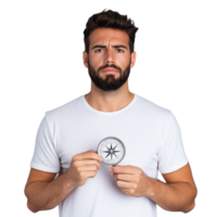Confident man holding a compass on a transparent background, symbolizing direction and exploration, wearing a casual white t shirt while looking directly at the camera with a serious expression png