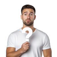 Confused young man holding a large question mark sign with a puzzled expression on a transparent background, conveying uncertainty or curiosity in inquiry and decision-making png