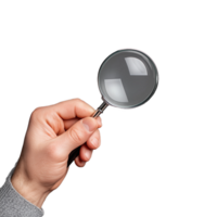 Close-up image of a hand holding a magnifying glass on transparent background, symbolizing focus, search, and investigation png