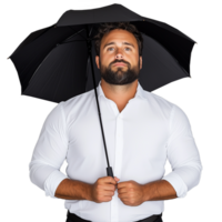 Confident man with beard holding an umbrella, wearing a white shirt, isolated on transparent background png