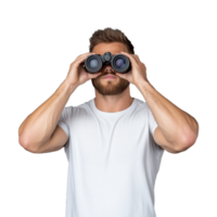 Man in casual white shirt using binoculars, looking forward with focus and curiosity on a transparent background, depicting exploration and observation concepts. png