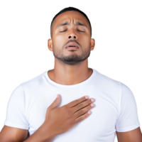 Man expressing relief with a hand on his chest and eyes closed in a relaxed gesture, wearing a white shirt and standing against a transparent background png