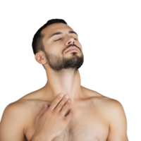 Relaxed young man with closed eyes and hand on his neck isolated on transparent background, experiencing calm and tranquility png