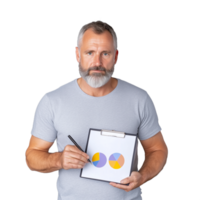 Confident mature man holding a clipboard with colorful pie charts on transparent background, conveying data analysis and business presentation concepts png