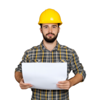 Confident architect in yellow hard hat holding construction plan on transparent background, ready to discuss building ideas with a focus on engineering and architecture, wearing casual checkered shirt png