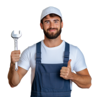Smiling handyman holding a wrench and giving a thumbs up on a transparent background. Portrait of a confident repairman in blue overalls and cap, showcasing positivity and readiness for any task. png