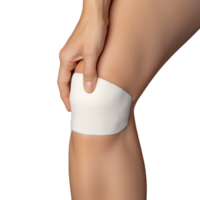 Close-up of a person's hand applying an elastic bandage on an injured knee joint for medical support on a transparent background png