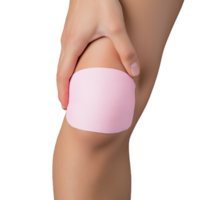 Close-up of a person holding their knee with a pink bandage on a transparent background, symbolizing injury support and joint pain recovery png