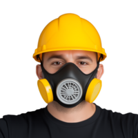 Construction worker wearing a yellow hard hat and a protective respirator mask on a transparent background, symbolizing safety and occupational health in industrial environments. png